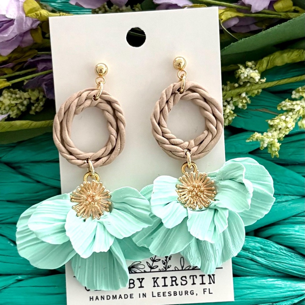 Mint Green Clay Floral Drop Earrings